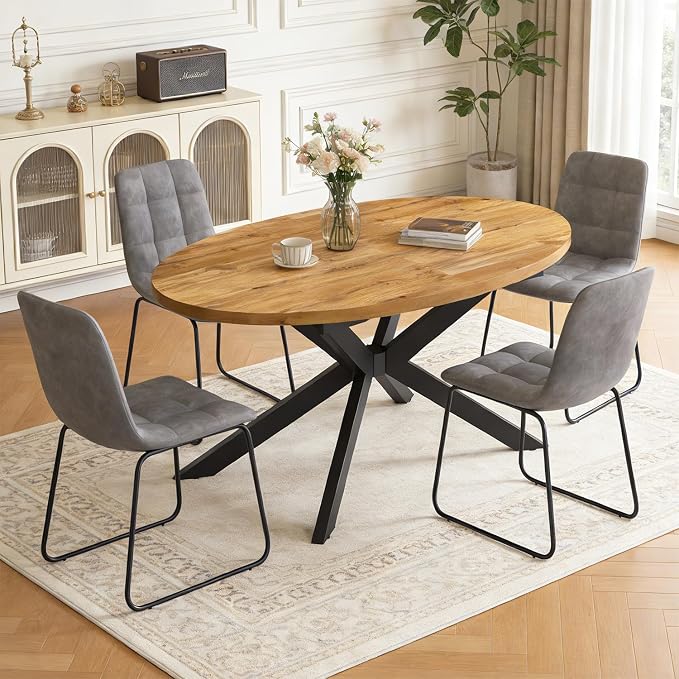 63"-78.7" Extendable Round Dining Table Set for 4, 5 Piece Mid Century Modern Oval Kitchen Table Set, Large Dining Table with 4 Dining Chairs for Living Room Space Saving（Walnut Table+4 Grey Chairs)