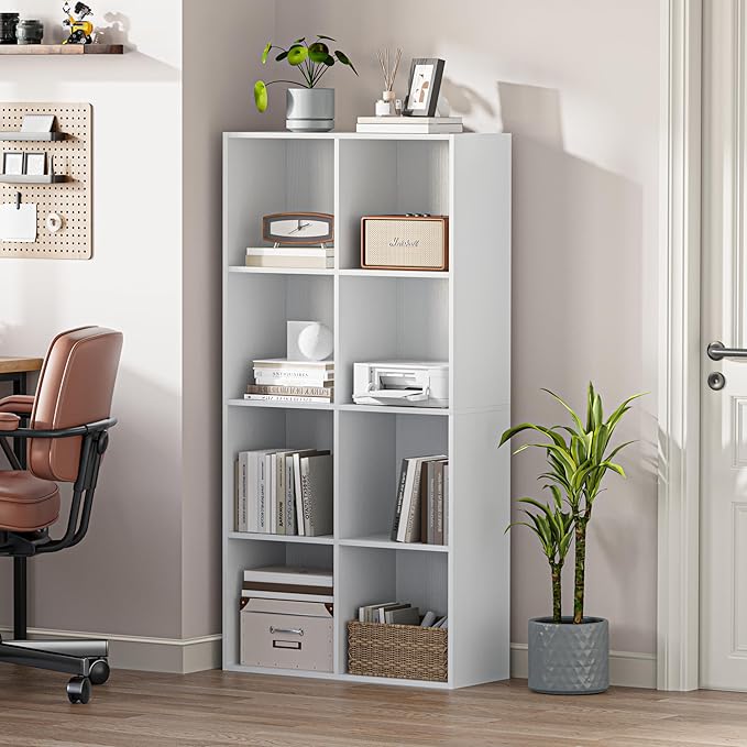 Wooden Storage Organizer with Closed Back Panel, 11in Cube Shelf Opening, Bookshelf, Display Shelf,Closet Cabinet for Home and Office (Embossed White, 8-Cube 47.8L*9.45W*24.09H)