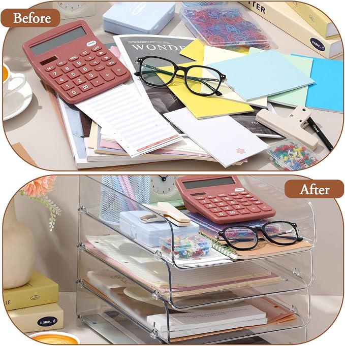 4 Pack Paper Organizer Letter Tray Plastic Stackable Desk File Organizer 12.99 x 10.43 x 2.95 Inch Clear Paper Holder File Tray for Desk Accessories Office Organization and Storage