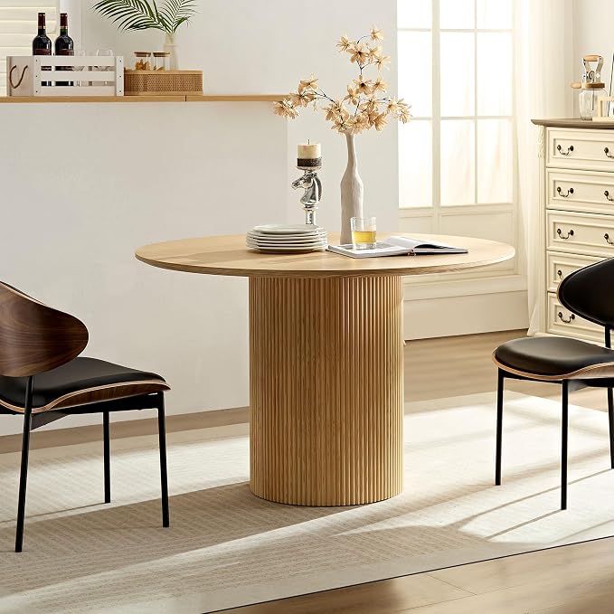 JUSTONE 47.2''Round Dining Table for 4,Modern Kitchen Table with Wooden Pedestal Base,Minimalist Elegant Dining Table for Living Room, Dining Room(φ47.2"x29.8"H,Oak)