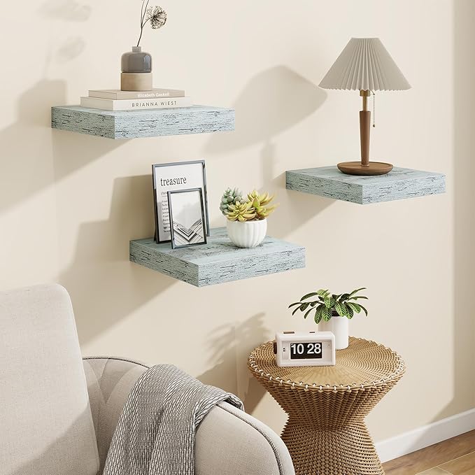 Marsmiles Square Floating Shelves for Wall, 10" W x 10" D x 1.25" H, 3 Packs Small Wall Mounted Engineered Wood Shelves with Invisible Brackets for Living Room, Bedroom, Bathroom, Kitchen Decor, Blue