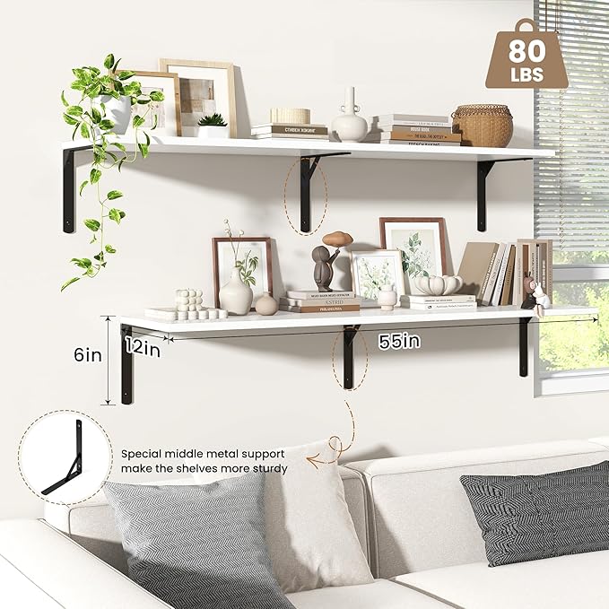 Fun Memories Floating Shelves for Wall, 12 Inch Deep Floating Shelves Set of 2, Wall Mounted Shelf with Metal Brackets, Rustic Wood Wide Shelf for Bathroom, Kitchen and Living Room, White, 55W x 12D