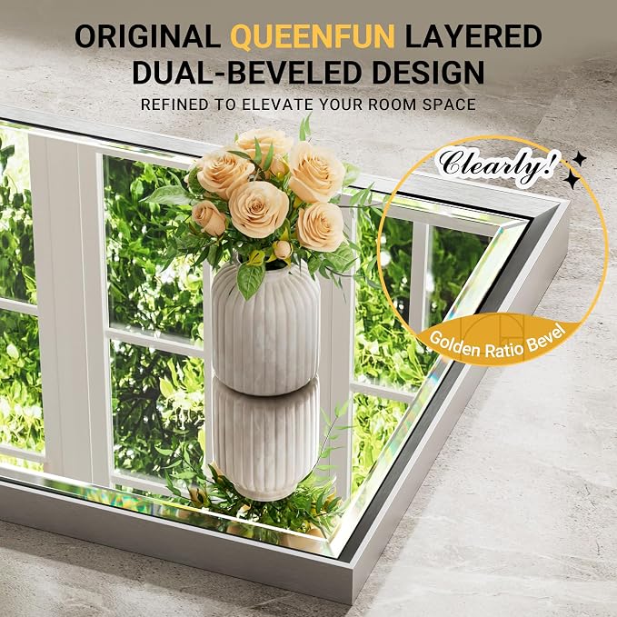 60'' x 36'' Large Beveled Silver Bathroom Vanity Mirror, Shatterproof Rectangle Silver Metal Framed Mirror for Bathroom Wall, Anti-Rust Wall-Mounted Mirror