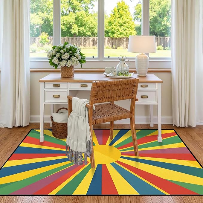 Rainbow Sunburst Area Rug Colorful Geometric Sun Carpet Soft Non-Slip Washable Floor Mat for Bedroom Living Room Nursery Playroom Classroom Home Decor,5'x7'
