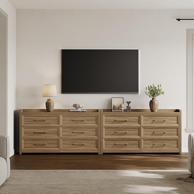 SICOTAS 6 Drawer Dresser for Bedroom-56.4" Extra-Wide Wooden Chest of Drawers with Large Storage, Long Dresser TV Stand with Drawers, Mid Century Modern Closet Dressers for Nursery, Brown Oak
