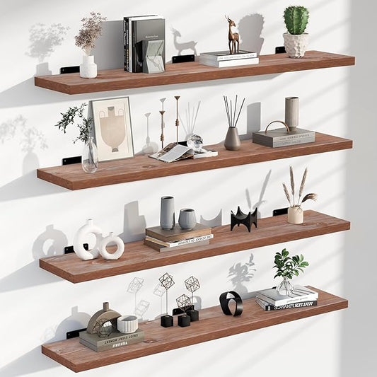 Rustic Brown Wood Floating Shelves Set of 4, 36 Inches Wood Rustic Farmhouse Wall Shelves, Easy-to-Install Hanging Shelf for Living Room, Kitchen, and Bedroom, 100bs Capacity