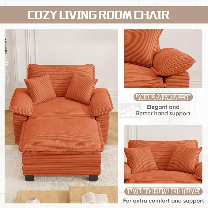 Chaise Lounge Chair Indoor, Oversized Accent Chairs with Ottoman, Luxury Corduroy Upholstered Deep Seat Sleeper Sofa Reading Chairs and A Half with Pillows for Living Room, Bedroom, Apartment, Orange
