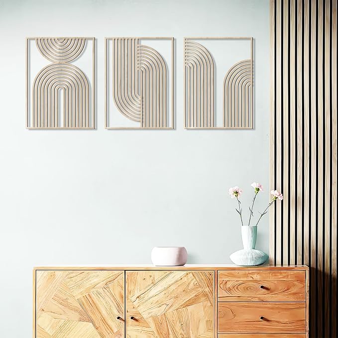 COLOR VALLEYART Set of 3 Modern Wood Wall Art Panels, Boho Geometric Design, 11.4 x 7 inches, Indoor Decor for Living Room, Office (11.8L''x15.7''Wx3Pcs)