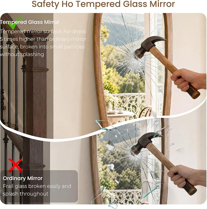 24" x 19" Asymmetrical Wall Mirror with Brown Wood Frame, Irregular Wall Mirror for Bedroom Entryway Living Room, HD Tempered Glass, Horizontal or Vertical Hanging