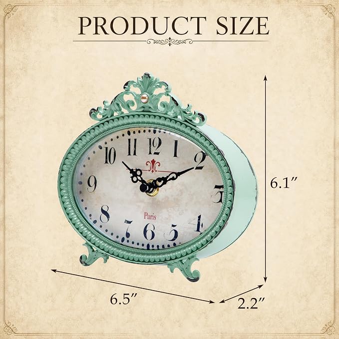 NIKKY HOME Vintage Table Clock, French Turquoise Color Rococo Style Desk Clock Battery Operated Rustic Design, Home Décor for Living Room, Bedroom, Bedside, Desk, Gift Clock