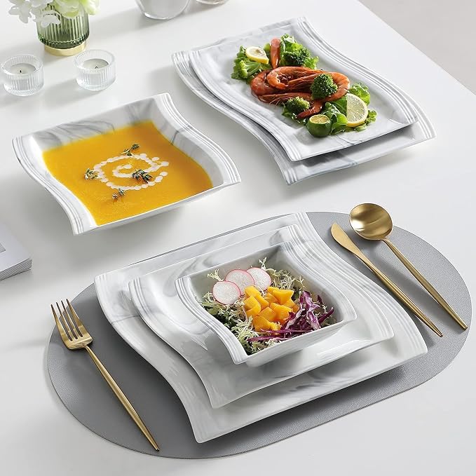 MALACASA Square Dinnerware Sets, 26-Piece Marble Grey Plates and Bowls Sets, Porcelain Dinner Set Microwave Safe, Kitchen Dinnerware Plates Set, Dishes and Bowls, Service for 6, Series Flora