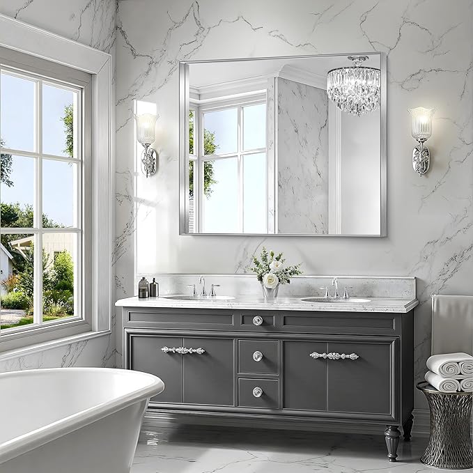 CIRCUMI Silver Bathroom Mirror, 40"x48" Rectangular Mirror with Deep Metal Frame, Brushed Finish, Tempered Glass, Large Mirror for Wall, Over 2 Sinks, Installed Vertically/Horizontally, Crystal-Clear