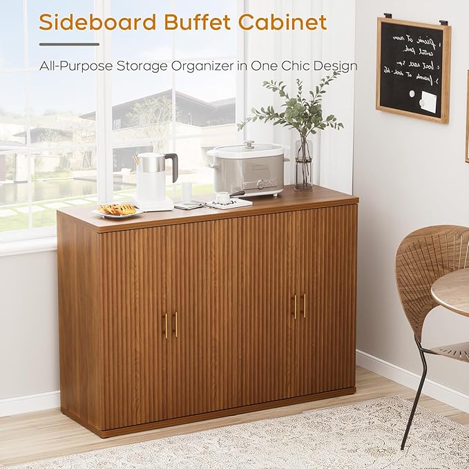 Yechen Walnut Accent Fluted Sideboard Buffet Cabinet with Storage and 4 Doors, Mordern Credenza Storage Cabinet with Adjustable Shelves, Media Console Table, for Living Room Dinning Entryway Kitchen