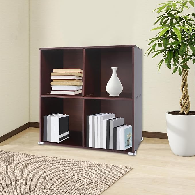 4-Cube Pine Wood Storage Organizer, Solid Wooden Bookshelf with Back Panel, 11in Shelf Opening Bookcase, Freestanding for Living Room, Bedroom, Office - Dark Brown (23.6 x 11.8 x 23.6in)