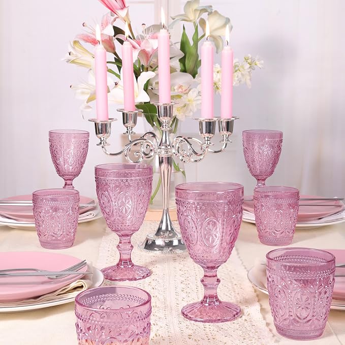 abrwyy Pink Wine Glasses set of 4, Pink Goblets, Vintage Drinking Glassware, Colored Glassware Set for Party Home Wedding Baby Shower