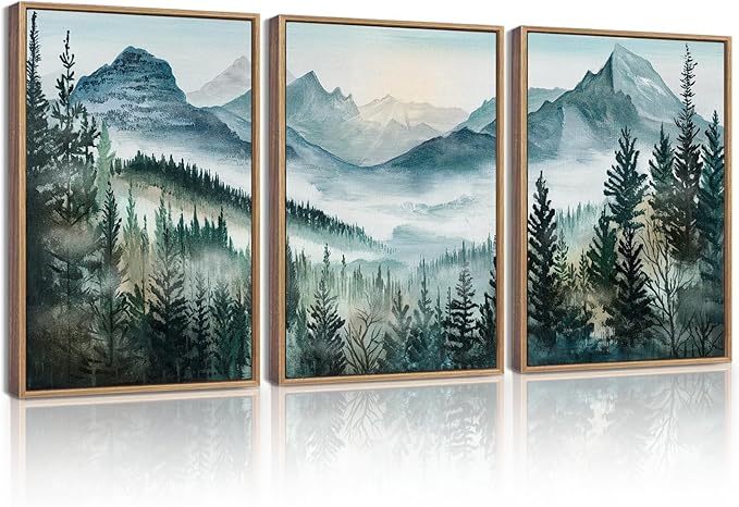 KUVIOKE Mountain Landscape Framed Wall Art Watercolor Nature Misty Forest Painting Vintage Farmhouse Rustic Wall Decor for Bedroom Hallway 12x16in (Natural Framed)