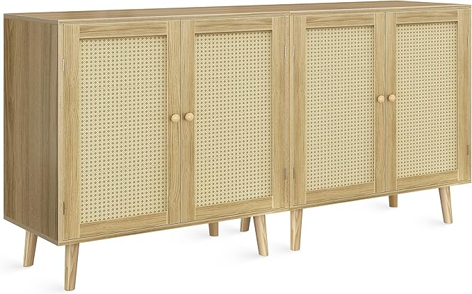 Huuger Buffet Cabinets with Storage, Set of 2, Storage Cabinets with Synthetic Rattan Doors, Accent Cabinet with Solid Wood Feet, Sideboard Cabinet for Hallway, Entry, Living Room, Natural