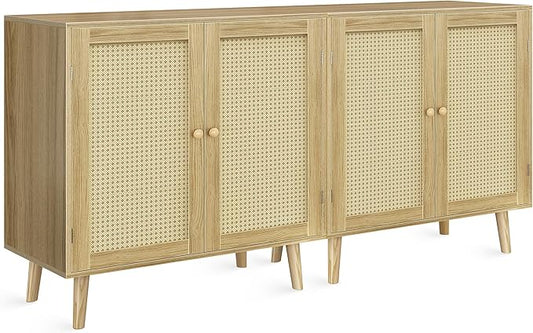 Huuger Buffet Cabinets with Storage, Set of 2, Storage Cabinets with Synthetic Rattan Doors, Accent Cabinet with Solid Wood Feet, Sideboard Cabinet for Hallway, Entry, Living Room, Natural