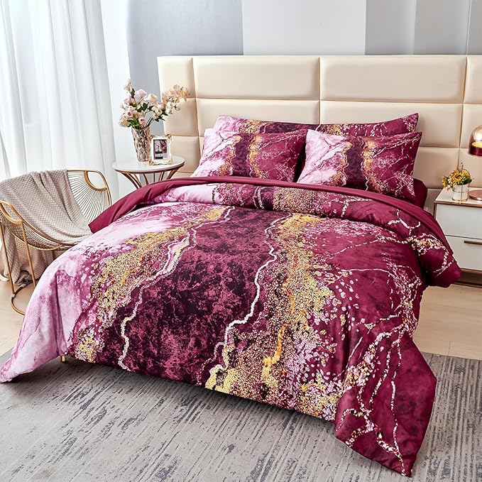 PERFEMET 6 Pcs Full Comforter Sets Burgundy Watercolor Marble Bed in A Bag Comforter Set Soft Lightweight Dark Red and Gold Bedding Quilt Set(Burgundy, Full)