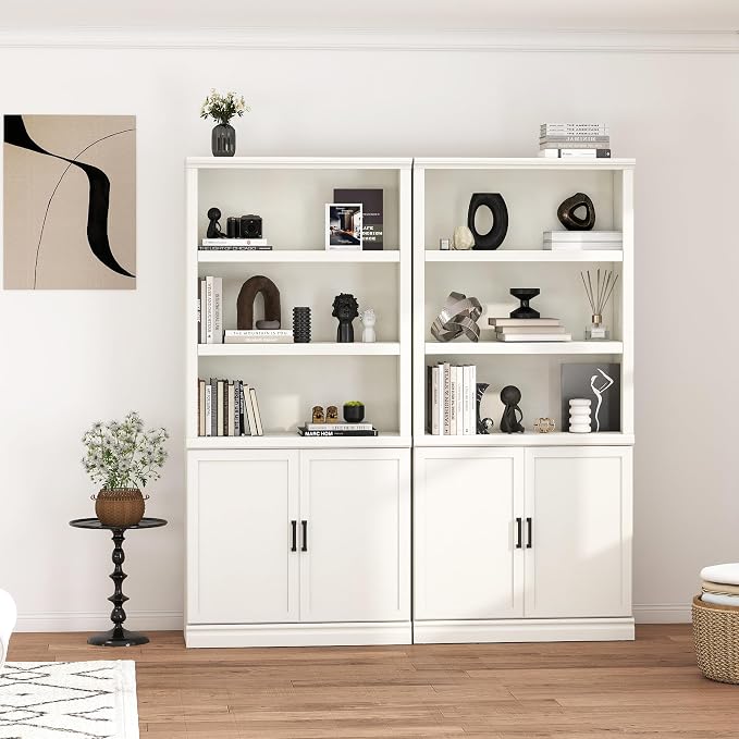 blini 5 Shelf Tall Bookcase with Doors White Bookshelf 31in Wide Display Standing Shelf 72in Tall Wood Book Shelves for Living Room Office Library