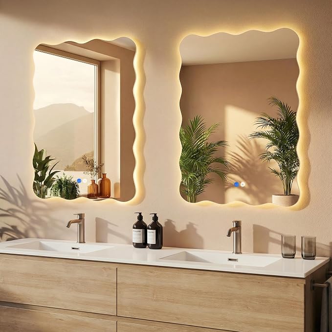 Wavy Led Bathroom Mirror- Vanity Mirror with Lights IP54 Enhanced Anti-Fog, 20"x30" Single Piece 3 Colors Dimmable, Memory,Tempered Glass,UL Listed