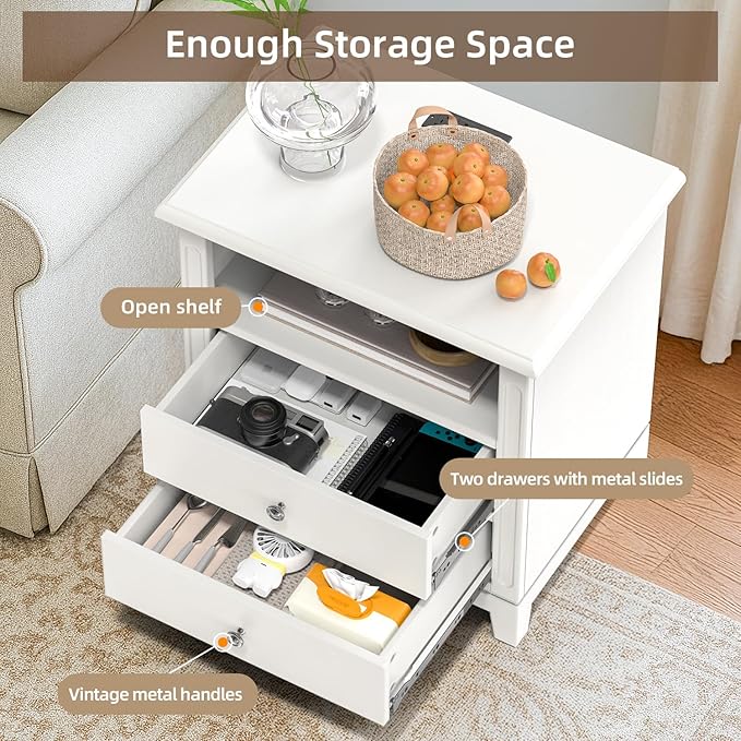 24" Wide Farmhouse Nightstand with Charging Station, Solid Wood End Table with 2 Large Drawers & Open Shelf, Bedside Table with USB Ports and Outlets, Side End Table for Bedroom