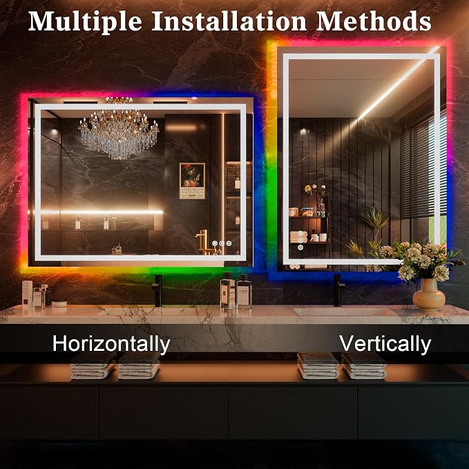 WTTY LED Bathroom Mirror 60"x36" with RGB Backlit and Front Light,Stepless Dimmable LED Mirror for Bathroom,Lighted Bathroom Vanity Mirror,Anti-Fog,Memory Function,Shatter-Proof,Wall Mounted