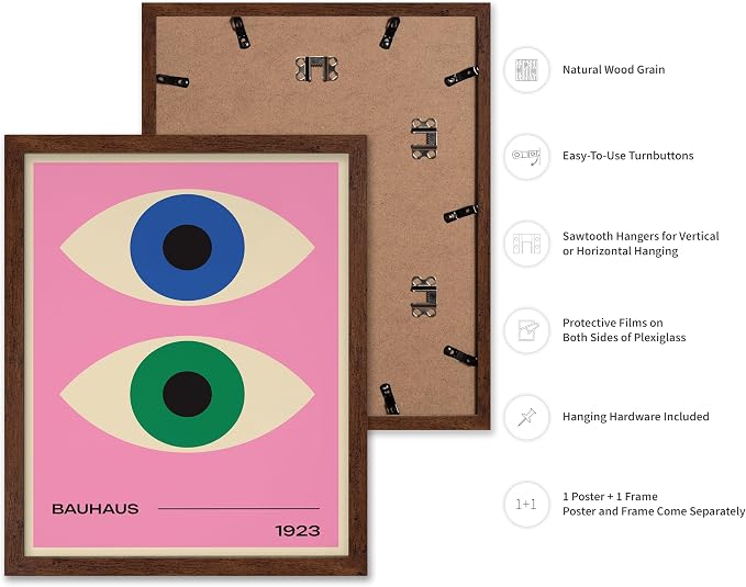 Poster Master Bauhaus Poster - Eyes Print - Abstract Circles ART - Graphic Design ART - Geometric Style - Chic Boho - Mid Century Modern - Living Room or Bedroom Decor - 16x20 Brown Framed