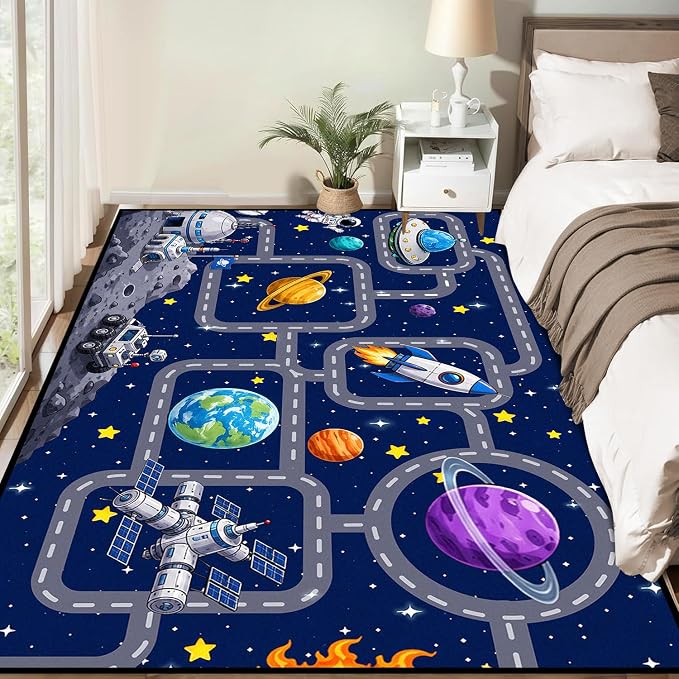 Outer Space Rug Astronaut Road Map Area Rug for Entryway Bedroom Living Room Nursery Kitchen Playroom Home Decor Washable Educational Floor Mat Galaxy Themed Carpet,2'x3'