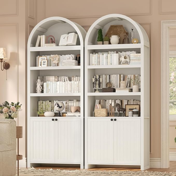 81" Tall Arched Cabinets,Bookcase with storage,Mid-Century Modern 6-Tier Bookshelf with Door,2 Book Risers and Adjustable Shelves give more storage space for Living Room,Home Office Antique White