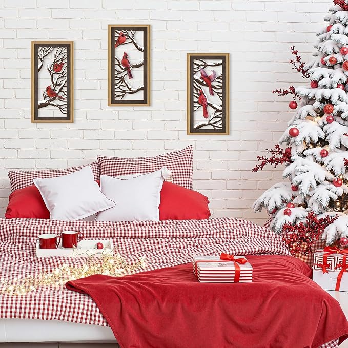 Ausril 3 Pcs Red Birds Wall Decor,Abstract Cardinal Wood Wall Art Bohemian Winter Xmas Hanging Decor Tree Branch Artwork Decoration for Farmhouse Bedroom Living Room 7.9 x15.8 Inch