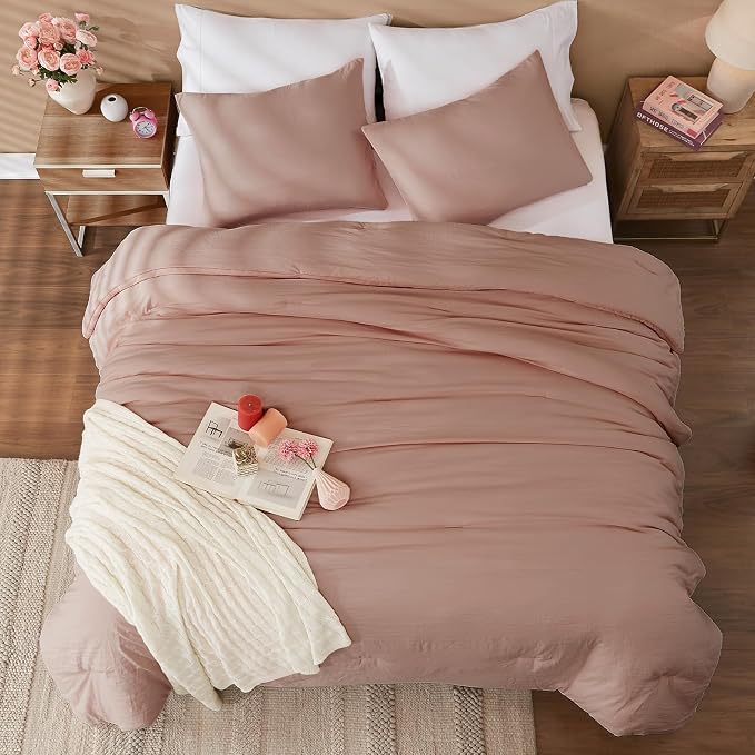 WRENSONGE King Size Comforter Set - 3 Pieces Dusty Pink Comforter Prewashed Soft Lightweight for All Seasons,Fluffy Down Alternative Comforter King Size with 2 Pillow Shams