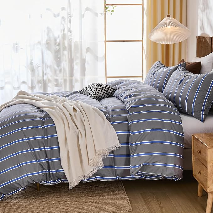 Merryword Blue and Gray Striped Duvet Cover Set King Size 100% Cotton Bedding Set with Modern Coastal Style Soft Breathable Linen Like Bedding Set 3 Pieces