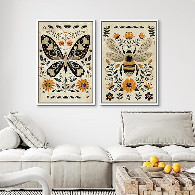 MUDECOR Framed Canvas Print Wall Art Set Butterfly Animals Botanical Bee llustrations Modern Art Decorative Bohemian Calm/Zen for Living Room, Bedroom, Office - 24"x36"x2 White