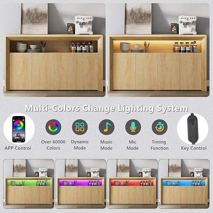 66.2" Buffet Cabinet with Storage and led Lights,Modern Sideboard Cabinet with 4 Doors & Shelves,Fluted Media Console Mid Century Coffee Bar Table for Living Room Kitchen Dining Room,Oak