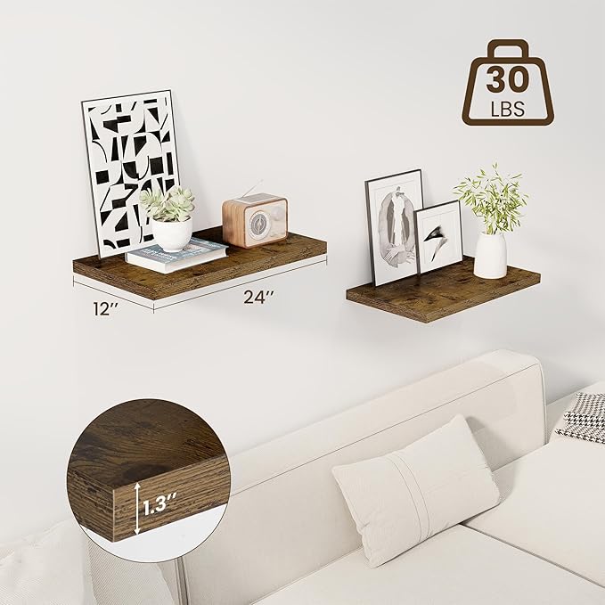 Dreamland 24" Floating Shelves for Wall, 12" Deep Slim Rustic Brown Floating Shelves, Wall-Mounted Shelves for Bedroom, Living Room, Kitchen, Bathroom - Set of 2