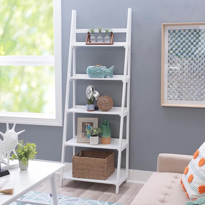 Melissa White Mid Century Five Shelf Ladder Bookcase by Linon