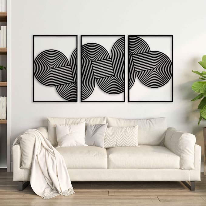Living Room Wall Art for Mid Century Modern Interiors, Triptych Boho Wall Panels, Geometric Circle Loop Wooden Wall Decor, Home Gift for Bedroom