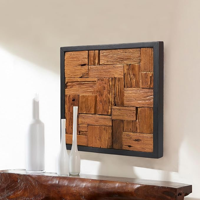 Warmaxx Rustic Teak Wood Framed Wall Decor 17''x17 Farmhouse Wall Art Aesthetic Christmas Decoration Home Living Room Bedroom Office Handmade Square Wooden Geometric Block Slatted Collage
