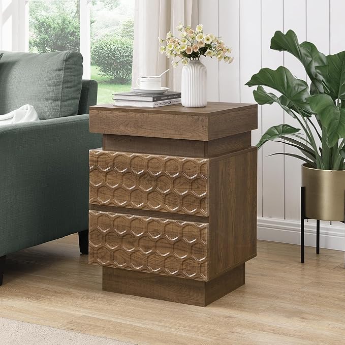 Led Nightstand with Charging Station, Hexagonal Fluted Night Stand with Sliding Top, Wooden Bedside Table with 3 Drawers, Modern Bed Side End Table for Bedroom, Living Room, Walnut Brown
