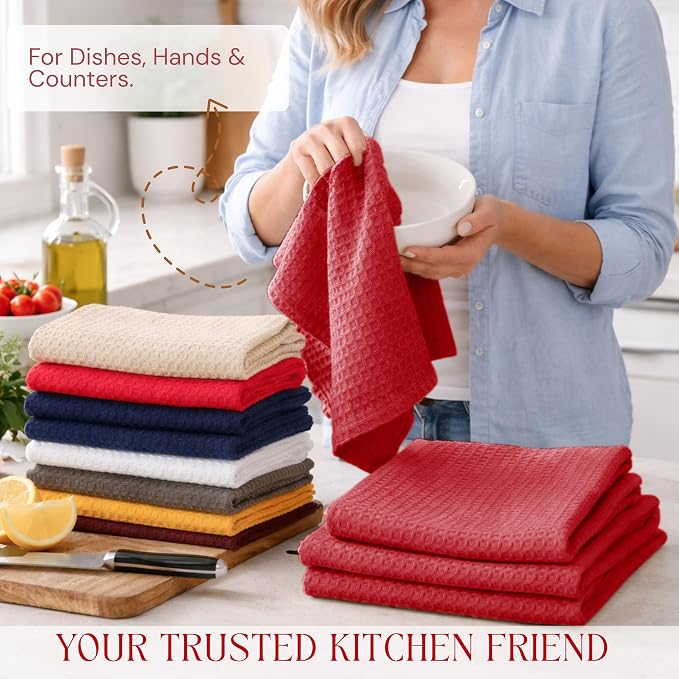 Red Waffle Kitchen Dish Towels, 100% Cotton, Quick Dry, Super Absorbent, Soft, Lint-Free, 16x26 Inches - Ideal for Dish Drying, Bar, Tea, Cleaning, and Everyday Use, 12 Pack