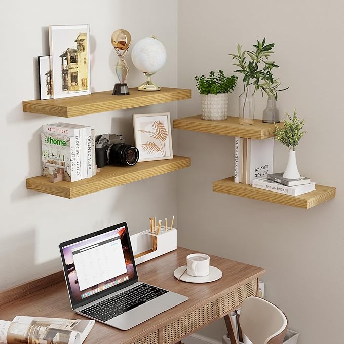 Fun Memories 32" W x 9.3" D Floating Shelves, Rustic Wood Deep Shelves for Bedroom, Kitchen, Living Room, Long Floating Shelf for Wall, Storage Display Wall Shelf for Books Decor, Oak