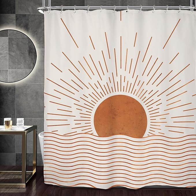 Miyotaa Abstract Minimalist Sunrise Shower Curtain Set 60Wx71H Inches Modern Aesthetic Mid Century Retro Sun Sunset Waterproof Bathroom Curtain with 12 Hooks