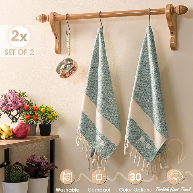 Hand Towels - Set of 2 | 18" x 30" - Decorative Turkish Hand Towel for Bathroom, Kitchen, Guest, Face, Hair, Tea, Dishcloth (Diamond, Mint)