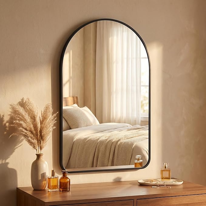 HARRITPURE 20"x28" Arched Bathroom Mirror, Wall Mounted Mirror, Black Arch Mirror, Aluminum Alloy Frame Wall Mirror for Living Room, Bedroom, Entryway