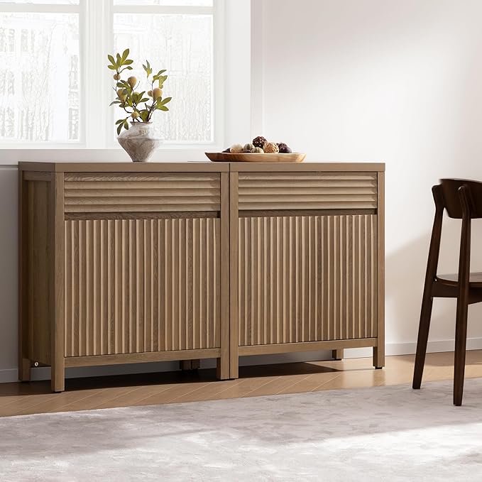 SICOTAS Fluted Buffet Cabinet with Storage - 87" Large Sideboard Modern Storage Cabinet Accent Coffee Bar Console Table with Drawers & Adjustable Shelves for Kitchen Living Room Entryway, Caramel Oak