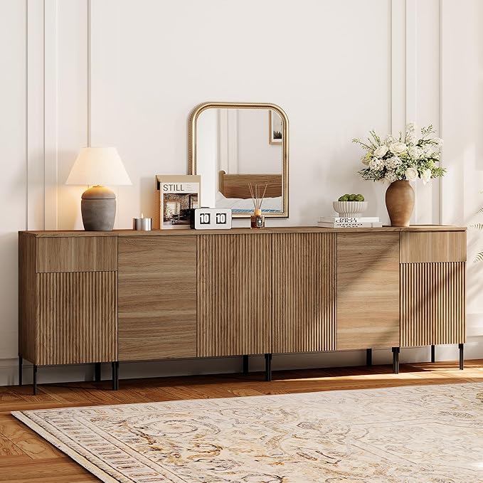 WAMPAT 94.5" Buffet Sideboard Cabinet with 2 Drawers & 6 Doors,4-in-1 Fluted Storage Credenza with Charging Station,Modern Buffet Table Coffee Bar Wine Bar Cabinet for Dining Room, Living Room,Brown