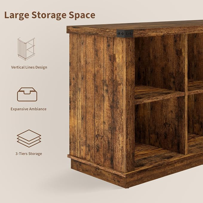 GarveeHome 8 Cube Storage Organizer Bookshelf, 3 Tier Farmhouse Horizontal Bookcase, 62 in Wood Storage Bookcase for Entryway, Long Low Bookshelves for Living Room-Retro Brown