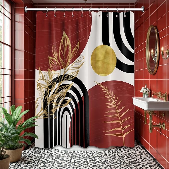Black and Red Shower Curtain Boho Mid Century Burgundy Dark Red and Gold and White Shower Curtains for Bathroom Decor, Waterproof Cloth Fabric with Hooks, 60" W x 72" L
