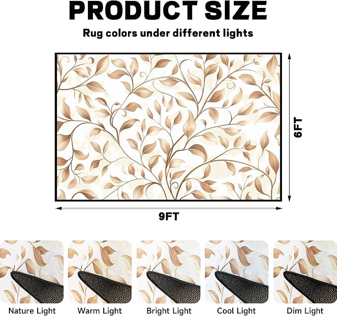 Botanical Leaf Vine Area Rug Beige Floral Branch Print Rug for Bedroom Living Room Kitchen Nursery Playroom Home Decor Non-Slip Washable Floor Mat Modern Farmhouse Carpet,6'x9'